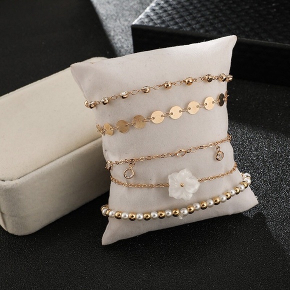 5 Piece Gold Anklet, Flower Pendant, Disc Chain, Bead Anklet Set - Picture 2 of 9